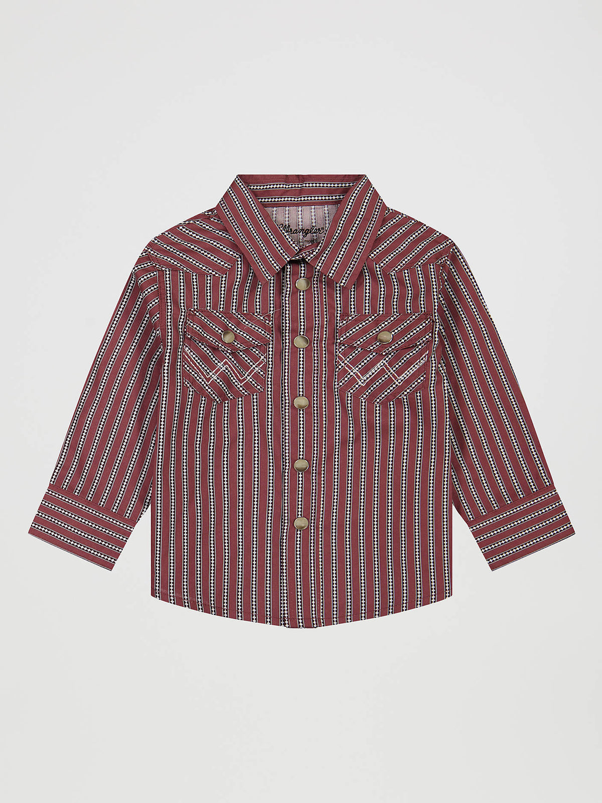 112381494 Wrangler Baby Long Sleeve Print Western Snap Shirt at boltranchstore.com in stock free shipping A long-sleeve button-up shirt with a red, white, and blue vertical stripe pattern, featuring two chest pockets with decorative zigzag stitching and gold-tone buttons.