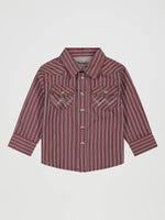112381494 Wrangler Baby Long Sleeve Print Western Snap Shirt at boltranchstore.com in stock free shipping A long-sleeve button-up shirt with a red, white, and blue vertical stripe pattern, featuring two chest pockets with decorative zigzag stitching and gold-tone buttons.