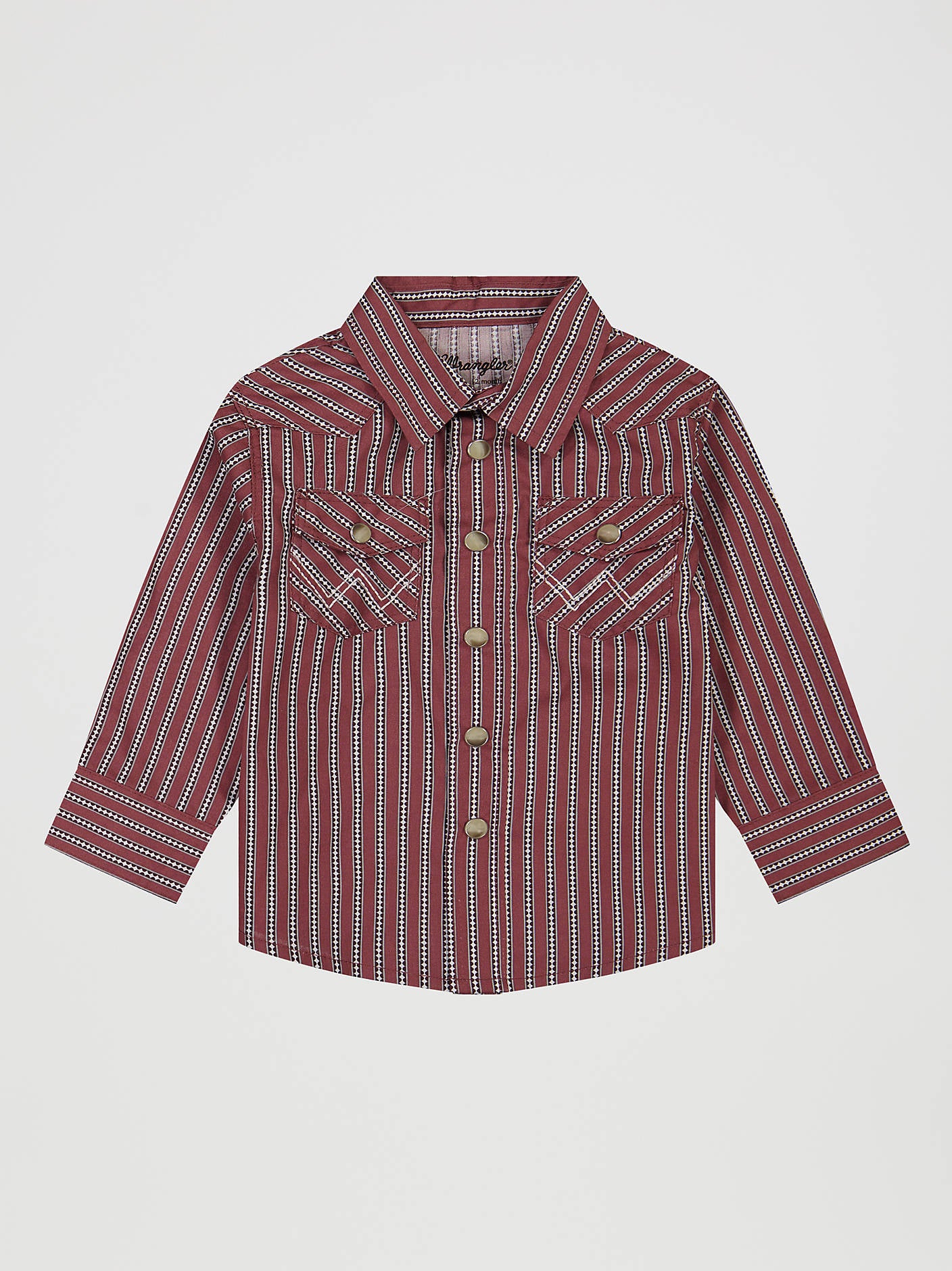 112381494 Wrangler Baby Long Sleeve Print Western Snap Shirt at boltranchstore.com in stock free shipping A long-sleeve button-up shirt with a red, white, and blue vertical stripe pattern, featuring two chest pockets with decorative zigzag stitching and gold-tone buttons.