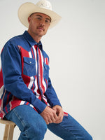 Wrangler Lone Star Brushpopper Western Snap Workshirt solid blue sleeves framing a striped body for rodeo nights