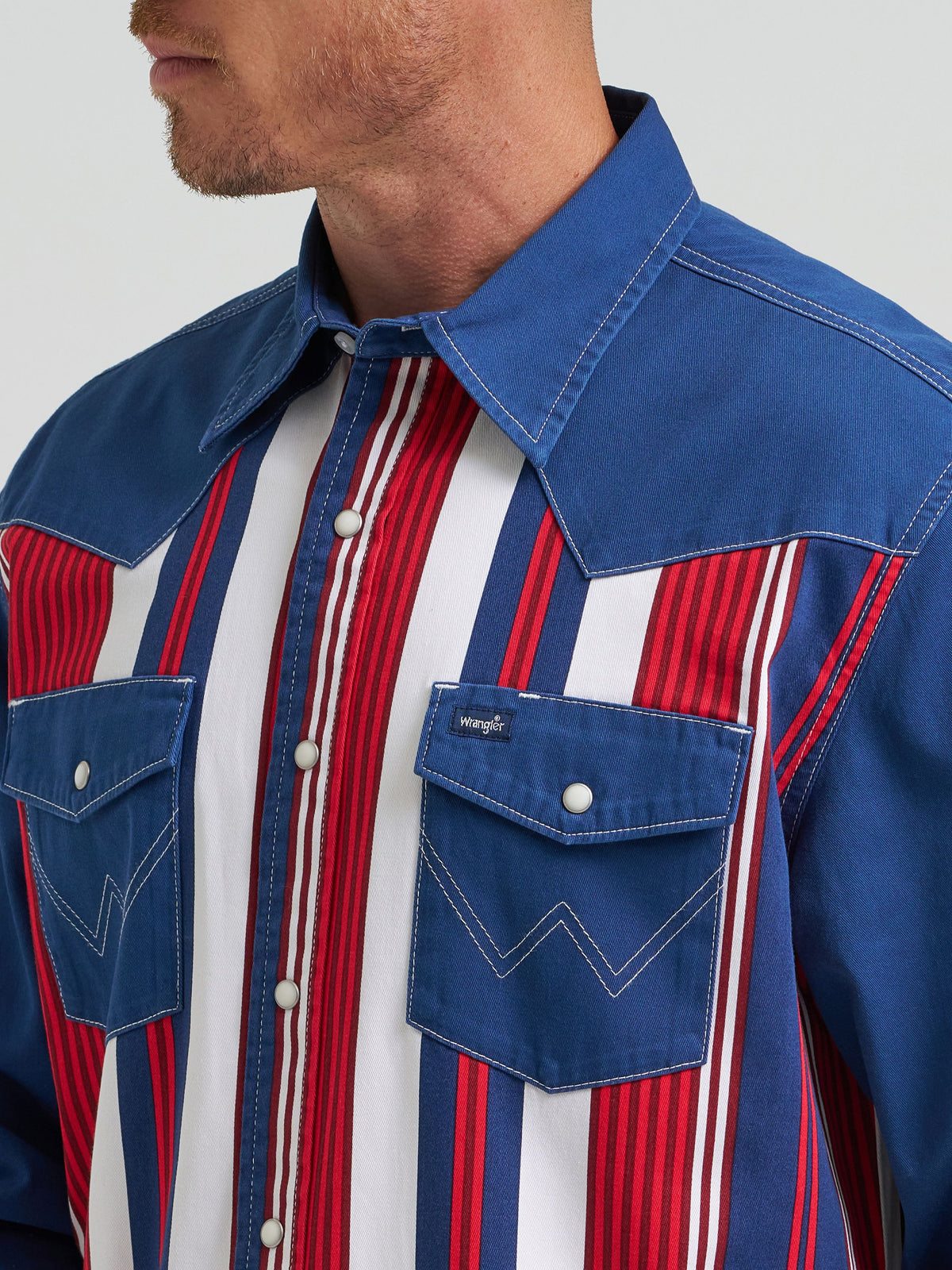 Wrangler Lone Star Brushpopper Western Snap Workshirt 100 percent cotton fabric with bold vertical stripes western boutique