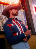 Wrangler Lone Star Brushpopper Western Snap Workshirt red white and blue Americana Bold stripe western shirt with denim yokes rodeo western clothing Utah SKU 112381499