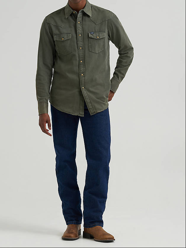 Wrangler Mens Olive Denim Snap Shirt