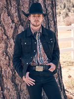 Wrangler Mens Retro Sherpa Lined Western Denim Jacket in caviar black stretch cotton denim western clothing Utah SKU 112381903