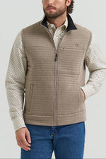 Wrangler Mens George Strait Full Zip Pullover 112381930 outerwear vest for men in a light tan color neutral western wear.