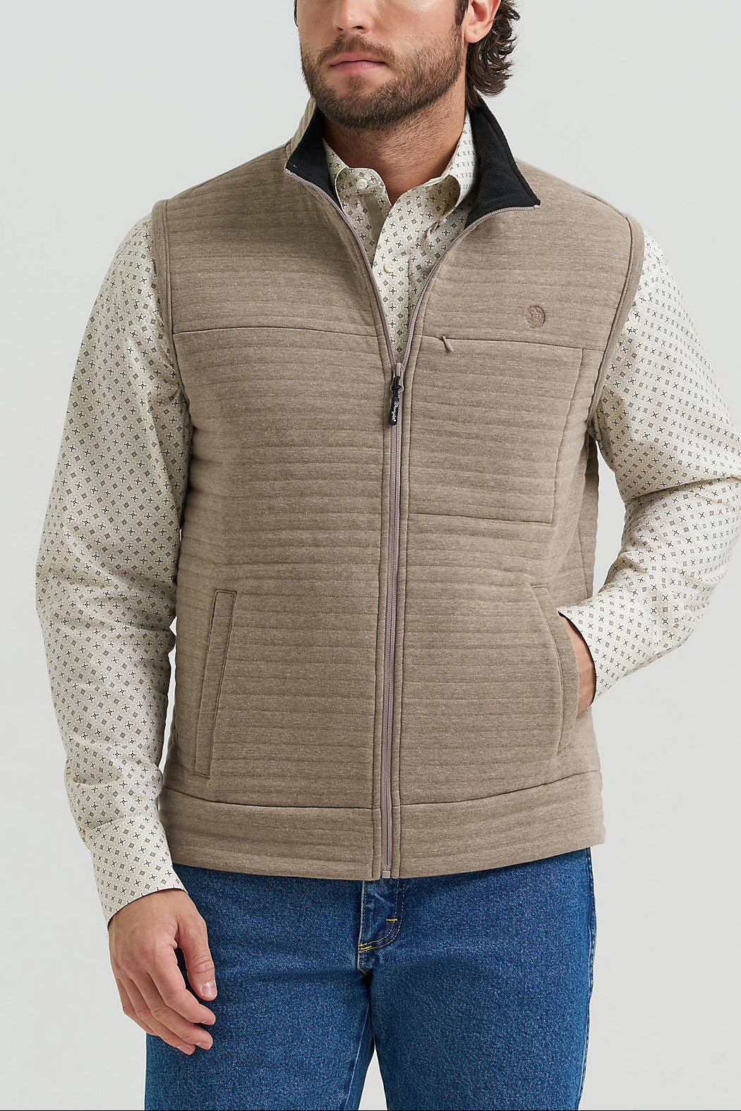 Wrangler Mens George Strait Full Zip Pullover 112381930 outerwear vest for men in a light tan color neutral western wear.