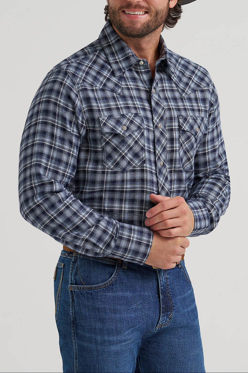 Men's Wrangler Retro Long Sleeve Flannel Western Snap Plaid Shirt 112381933 Black plaid