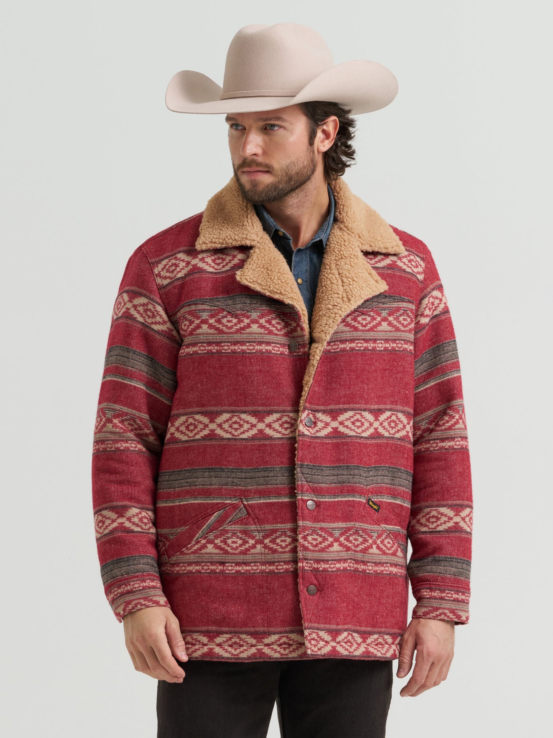 Wrangler Mens Jacquard Wrange Jacket Biking Red relaxed fit built for layering over a shirt or hoodie western clothing Utah