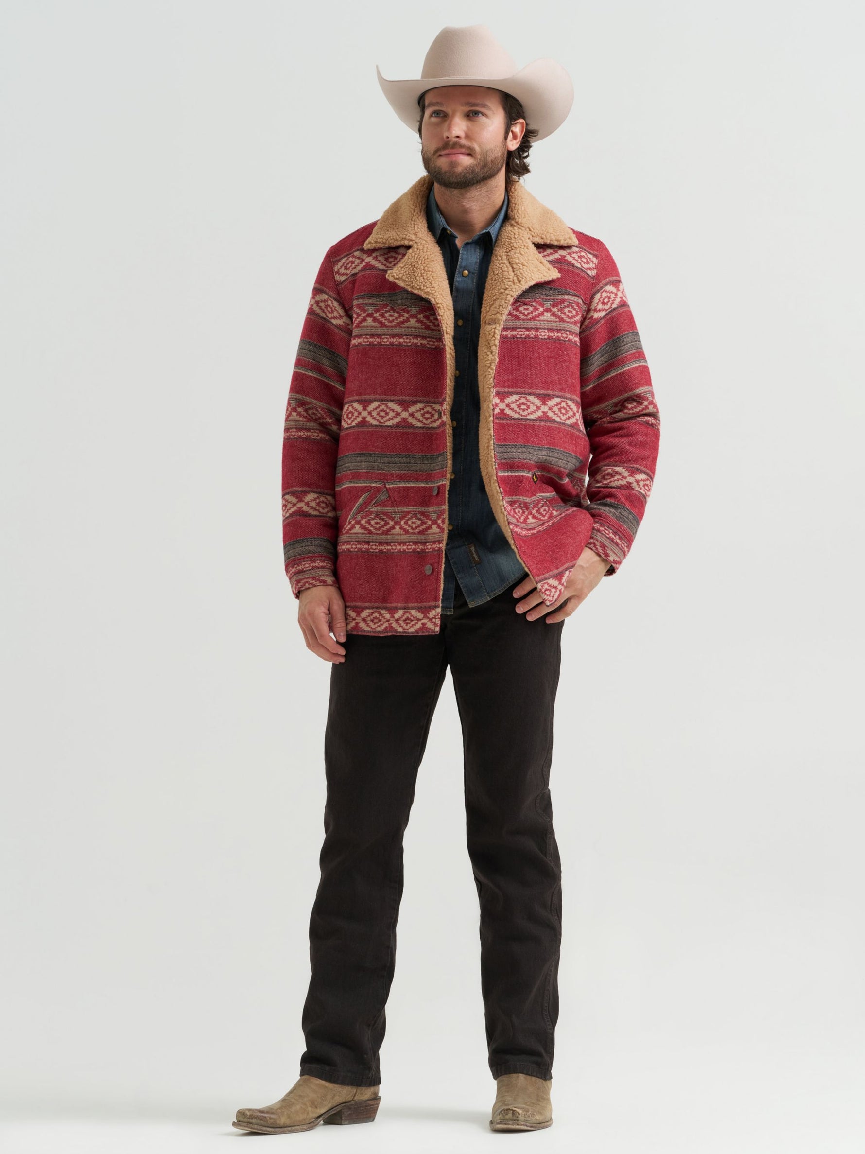 Wrangler Mens Jacquard Wrange Jacket Biking Red button front closure with angled hand pockets mens western clothing
