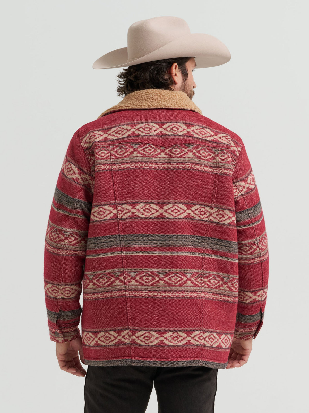 Wrangler Mens Jacquard Wrange Jacket Biking Red plush sherpa lining through the body for cold weather warmth ranch wear Utah