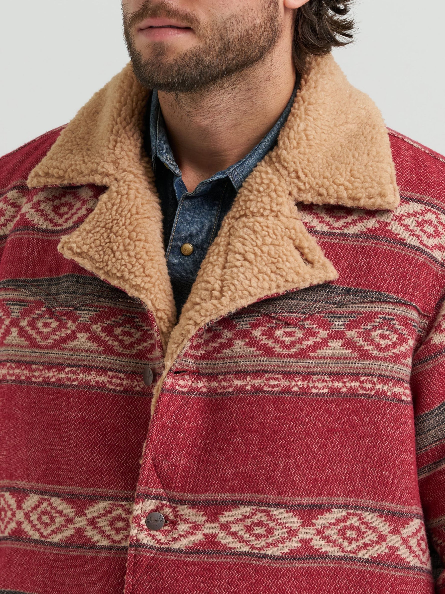 Wrangler Mens Jacquard Wrange Jacket Biking Red woven in 100 percent polyester with a textured western jacquard rodeo and ranch wear