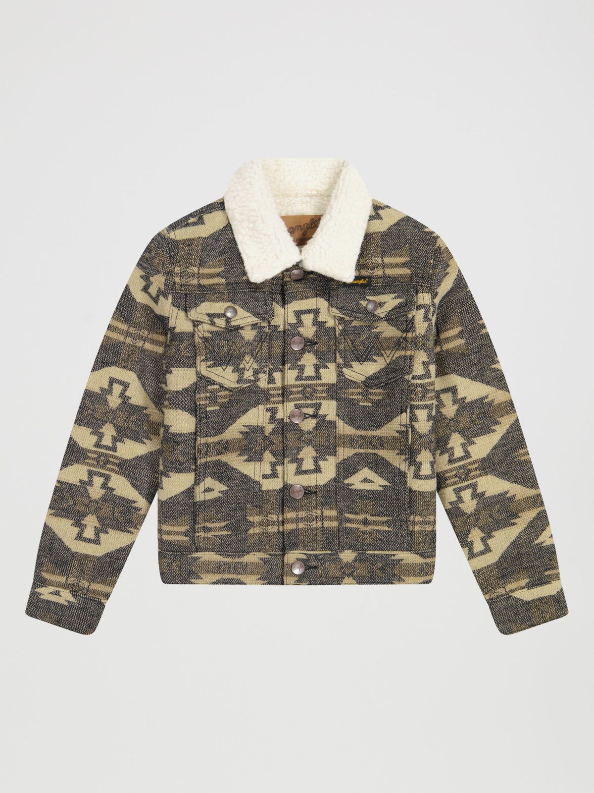 Wrangler Boys Sherpa Lined Jacquard Print Jacket Elmwood western jacquard print with sherpa lining spread collar and two chest pockets with W stitching kids western clothing Utah 112381949 Boltranchstore.com