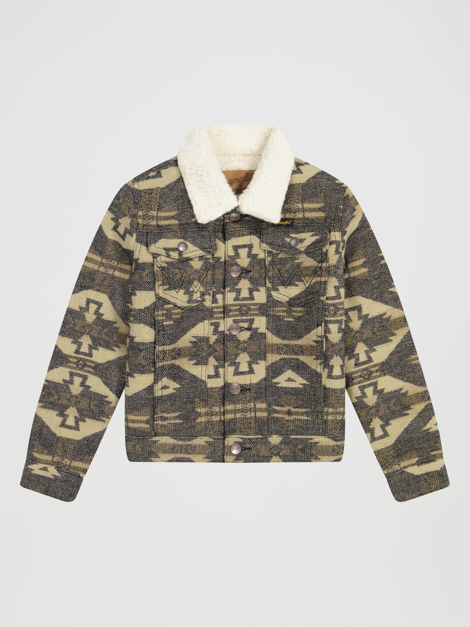 Wrangler Boys Sherpa Lined Jacquard Print Jacket Elmwood western jacquard print with sherpa lining spread collar and two chest pockets with W stitching kids western clothing Utah 112381949 Boltranchstore.com