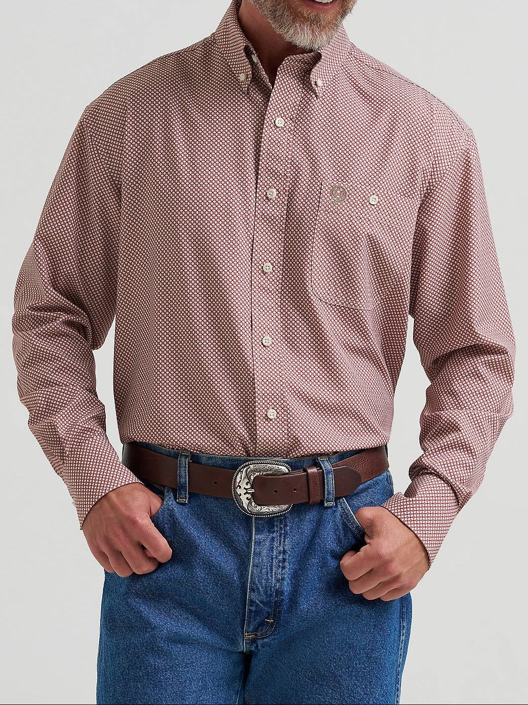 112381955 Wrangler Mens George Strait Performance Button Down Shirt at boltranchstore.com with free shipping mens button down shirt red shirt Man wearing a red patterned shirt