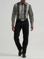 112381996 Wrangler Mens Vintage Inspired Brushpopper Western Snap Workshirt at boltranchstore.com Man wearing a striped shirt in stock mens western pearl snap button up rodro outfit mens black and gray shirt
