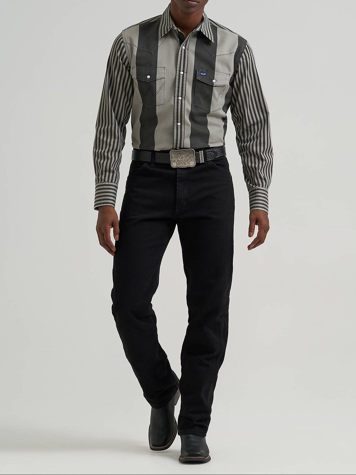 112381996 Wrangler Mens Vintage Inspired Brushpopper Western Snap Workshirt at boltranchstore.com Man wearing a striped shirt in stock mens western pearl snap button up rodro outfit mens black and gray shirt