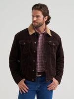 Wrangler Mens Cowboy Cut Sherpa Lined Corduroy Jacket Black Coffee spade chest pockets with snap flaps and W stitching mens western clothing