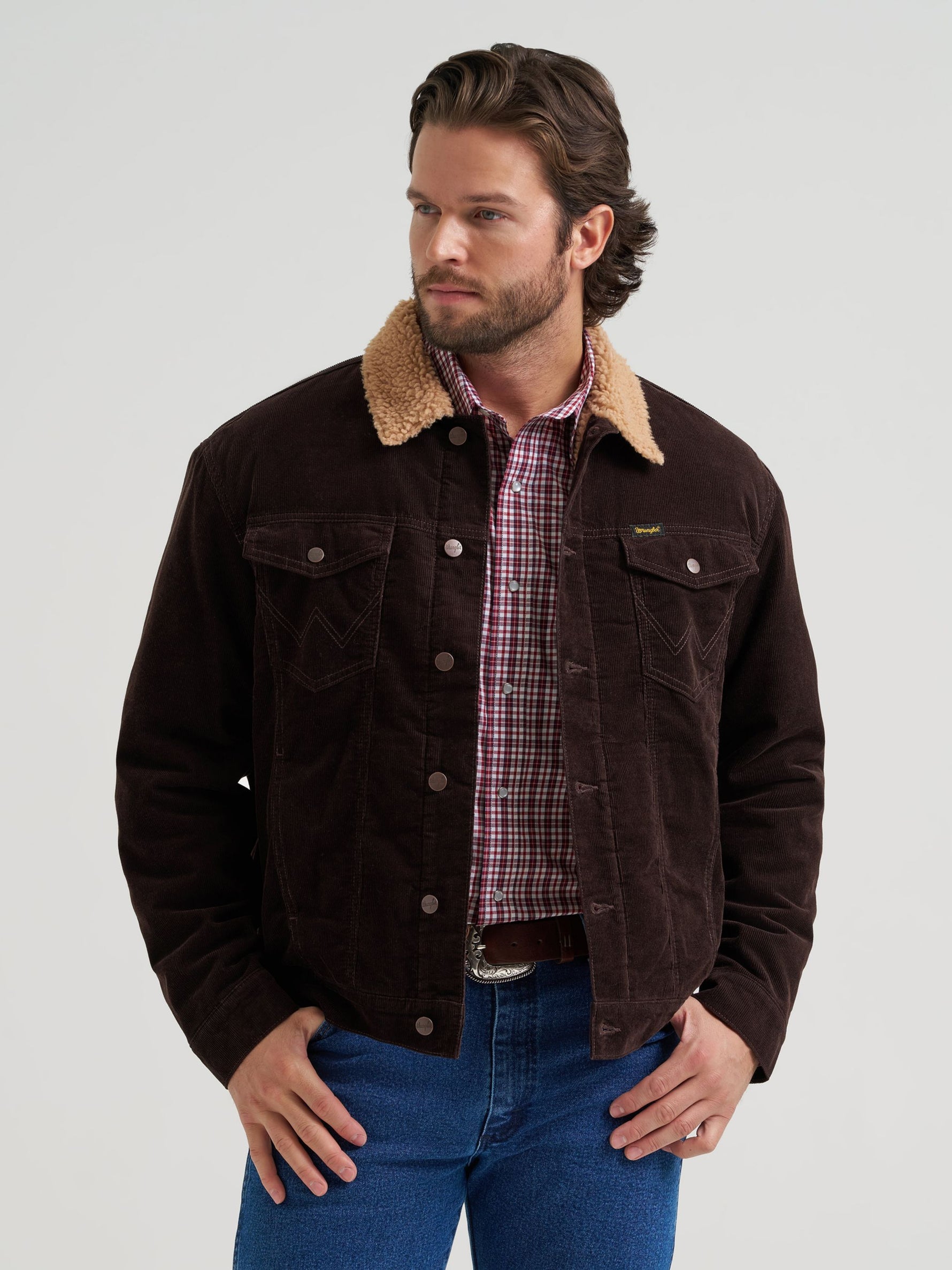 Wrangler Mens Cowboy Cut Sherpa Lined Corduroy Jacket Black Coffee spade chest pockets with snap flaps and W stitching mens western clothing