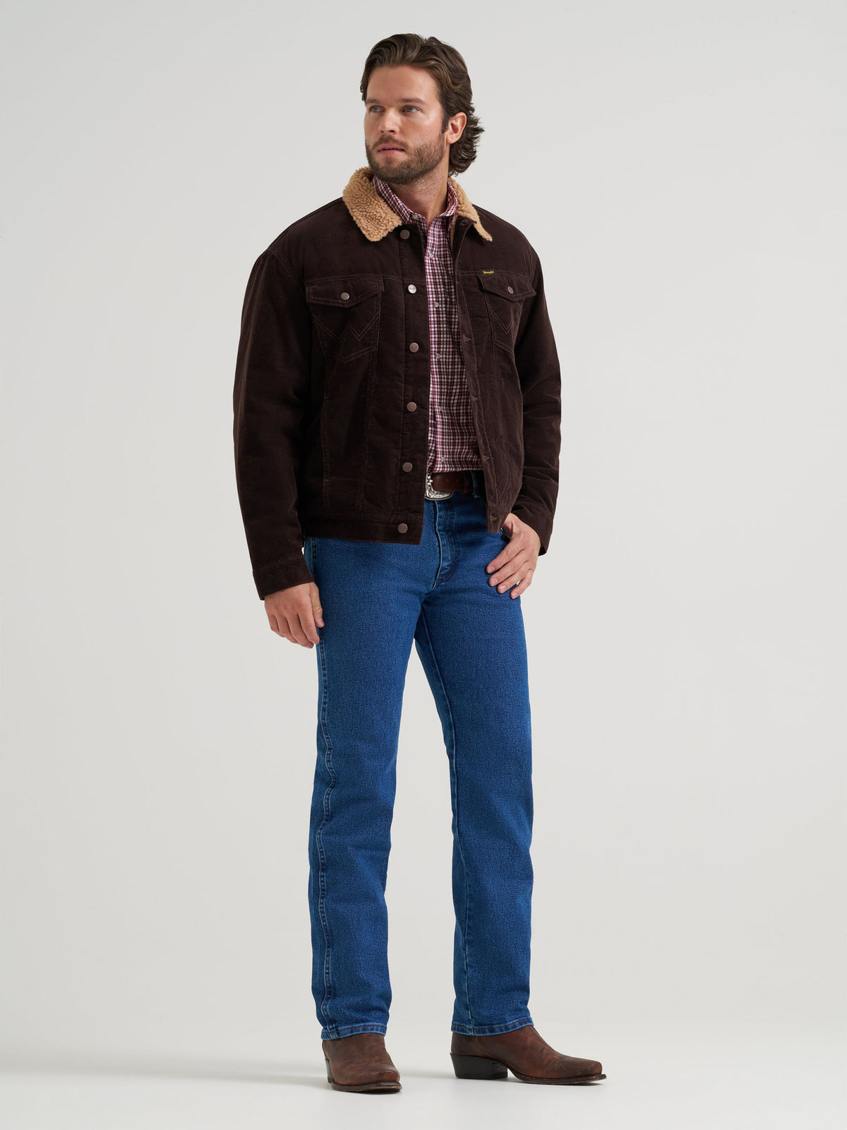 Wrangler Mens Cowboy Cut Sherpa Lined Corduroy Jacket Black Coffee sherpa lined body with quilt lined sleeves for warmth ranch wear