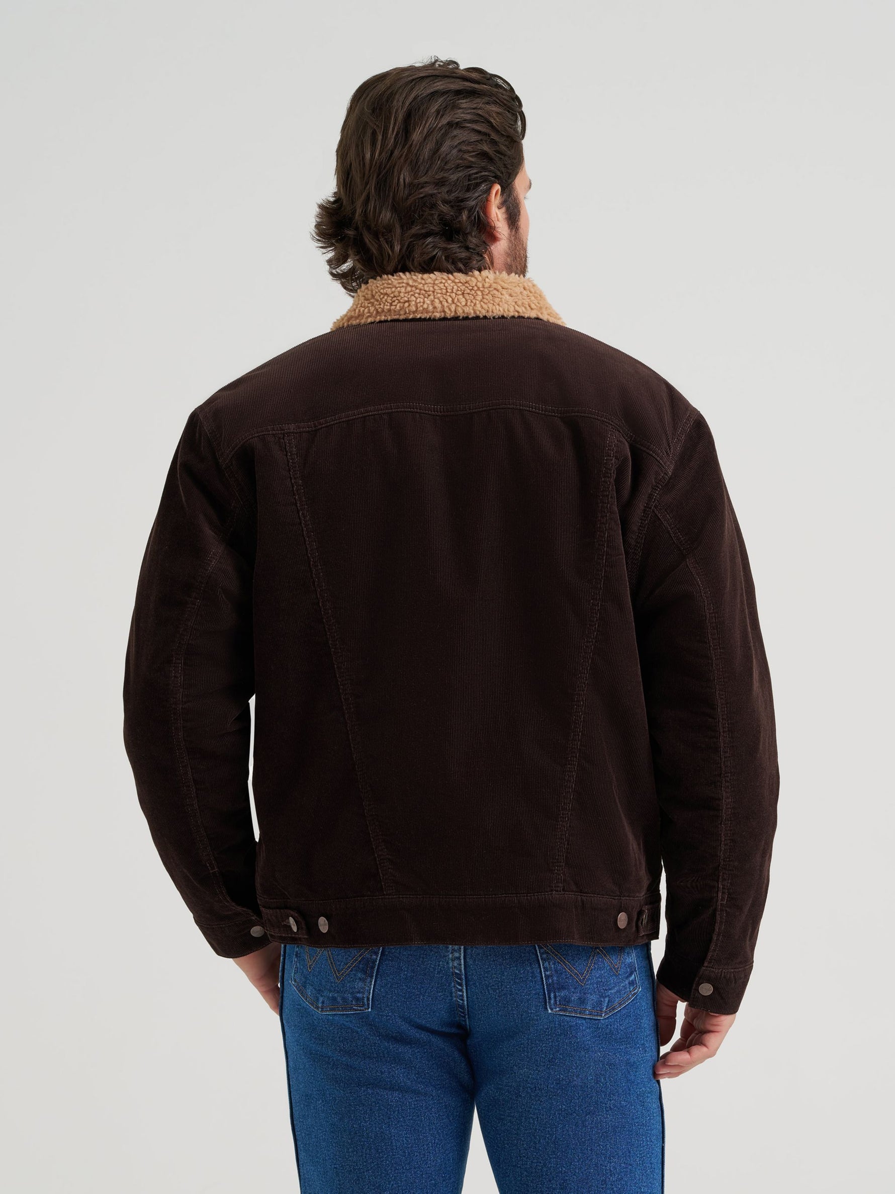 Wrangler Mens Cowboy Cut Sherpa Lined Corduroy Jacket Black Coffee straight back yoke with spread collar western clothing
