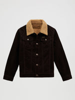 Wrangler Boys Cowboy Cut Sherpa Lined Corduroy Jacket Black Coffee dark brown 100 percent cotton corduroy with sherpa collar and lining and W embroidered chest pockets kids western clothing Utah 112382136 Boltranchstore.com