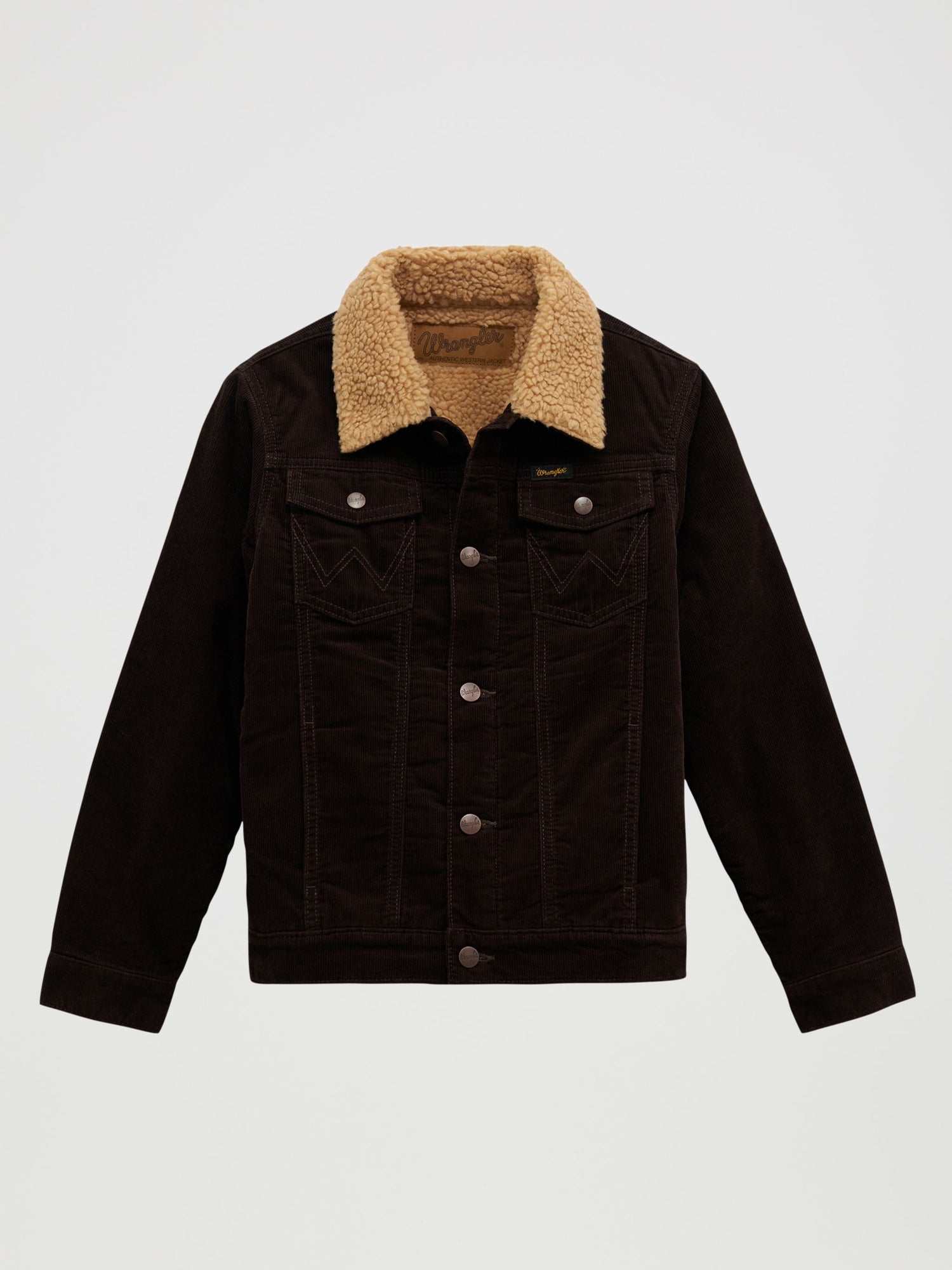 Wrangler Boys Cowboy Cut Sherpa Lined Corduroy Jacket Black Coffee dark brown 100 percent cotton corduroy with sherpa collar and lining and W embroidered chest pockets kids western clothing Utah 112382136 Boltranchstore.com
