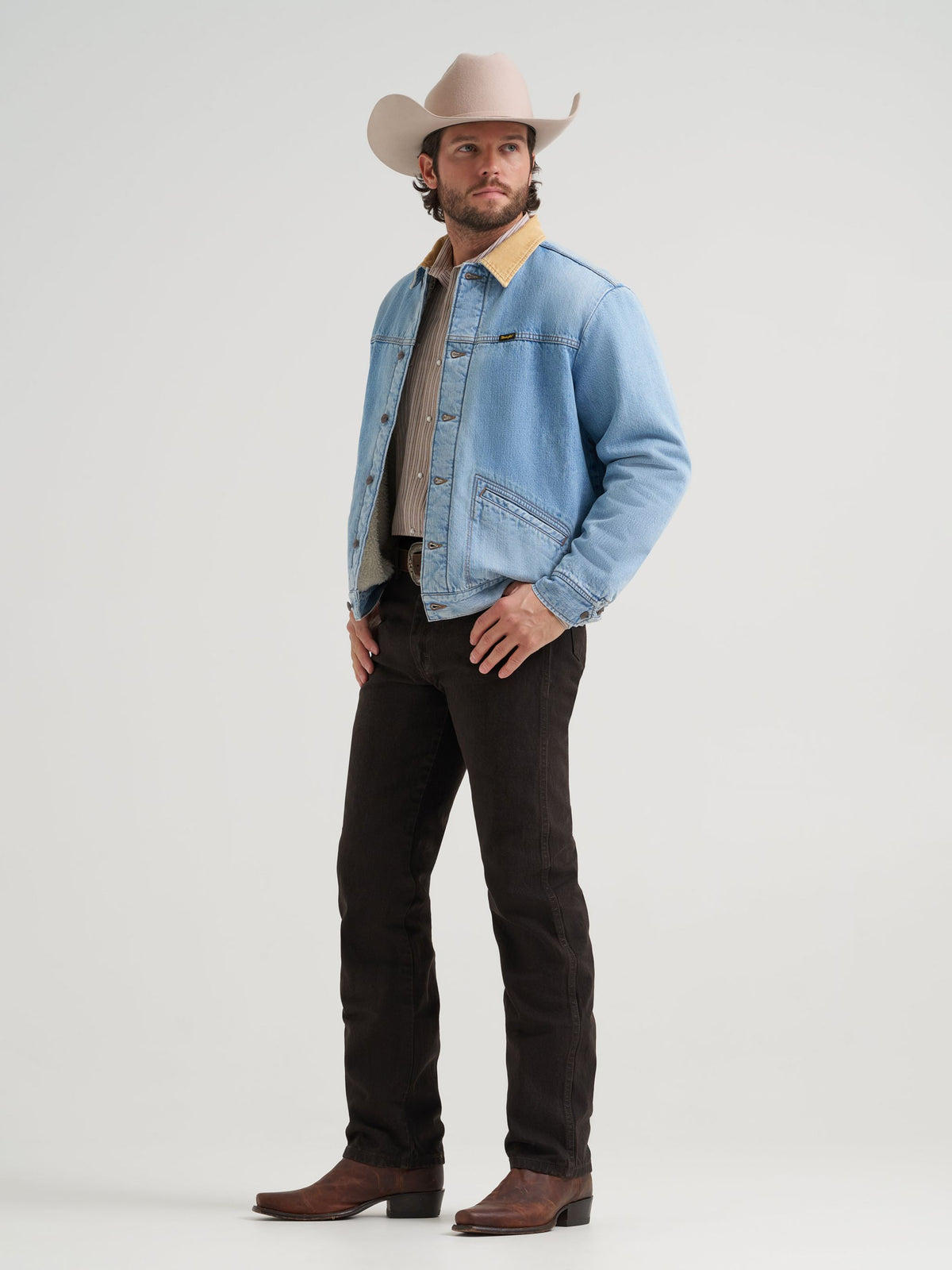 Mens Wrangler Straight Yoke Sherpa Lined Denim Jacket worn as a layering piece over a western shirt for ranch wear and rodeo days