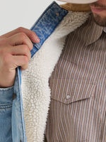 Mens Wrangler Straight Yoke Sherpa Lined Denim Jacket cream polyester sherpa lining behind the button placket and corduroy collar cowboy layering