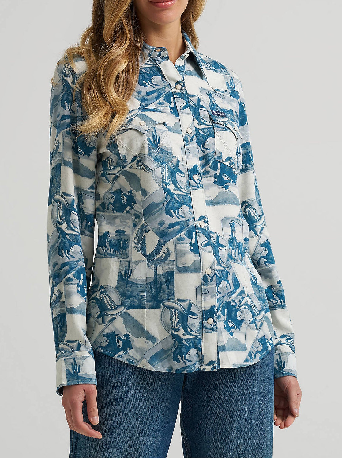112382271 Wrangler Womens Reverie Vintage Fit Western Snap Shirt at boltranchstore.com  free shipping womens western shirt white and blue in stock