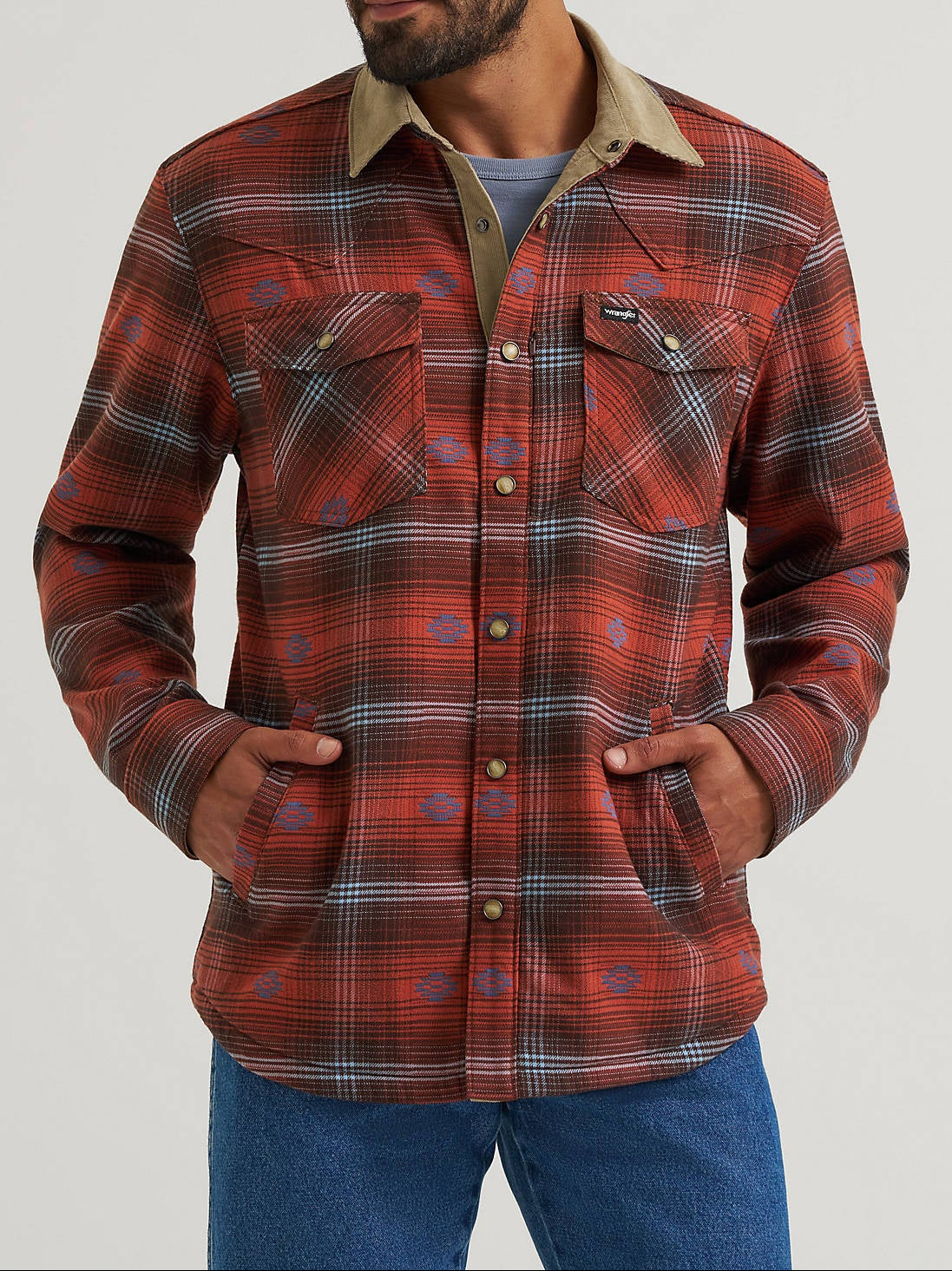112382478 Wrangler Mens Lined Flannel Shirt Jacket at boltranchstore.com in stock free shipping mens outdoor coat A man wearing a red and brown plaid button-up flannel shirt with a tan collar, 