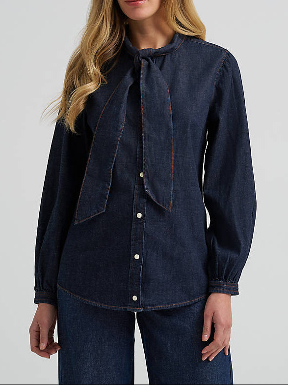 112382509 Wrangler Womens Denim Bow Snap Shirt at boltranchstore.com womens shirt western shirt dress up or down in stock 