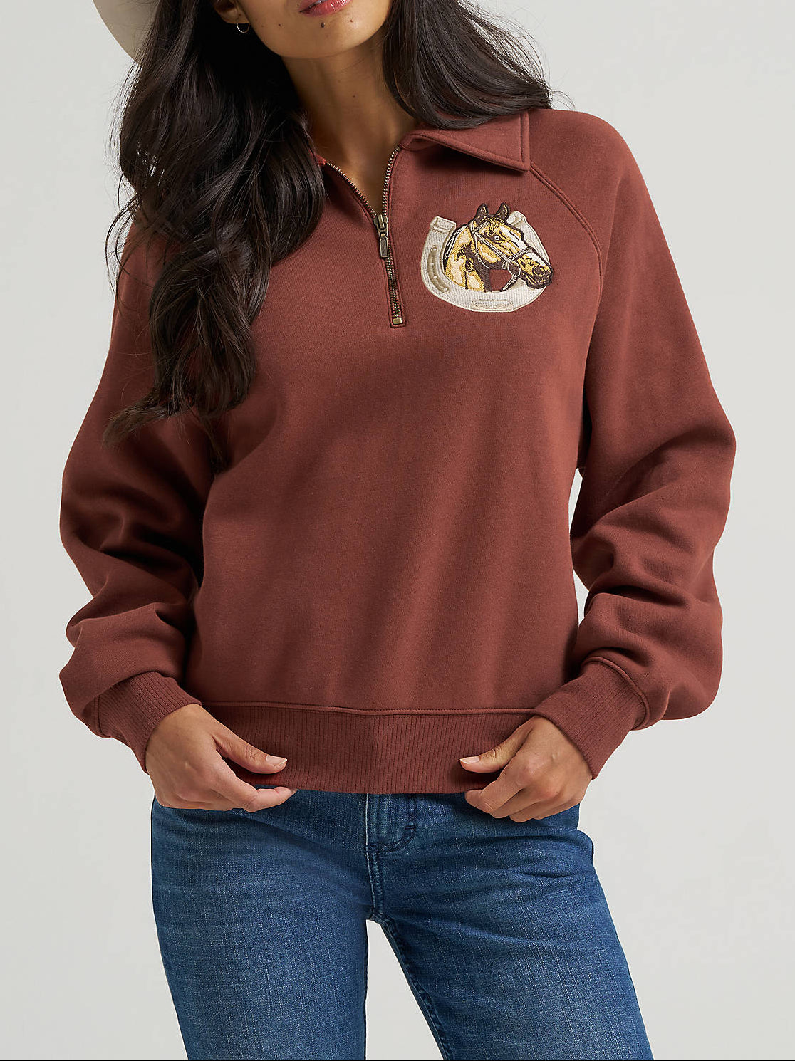 112382531 Wrangler Womens Horseshoe Collared Zip Pullover at boltranchstore.com free shipping womens half zip in stock 