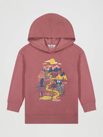 112382660 Wrangler Girls Adventure Graphic Pullover Hoodie boltrANCHSTORE.COM in stock free shipping A dusty rose pink hooded sweatshirt for toddlers, featuring a colorful graphic print of a desert landscape with a winding yellow road, cacti, mountains, and a sun on the front.  is visible on the inner neck label and stylized near the bottom of the graphic.