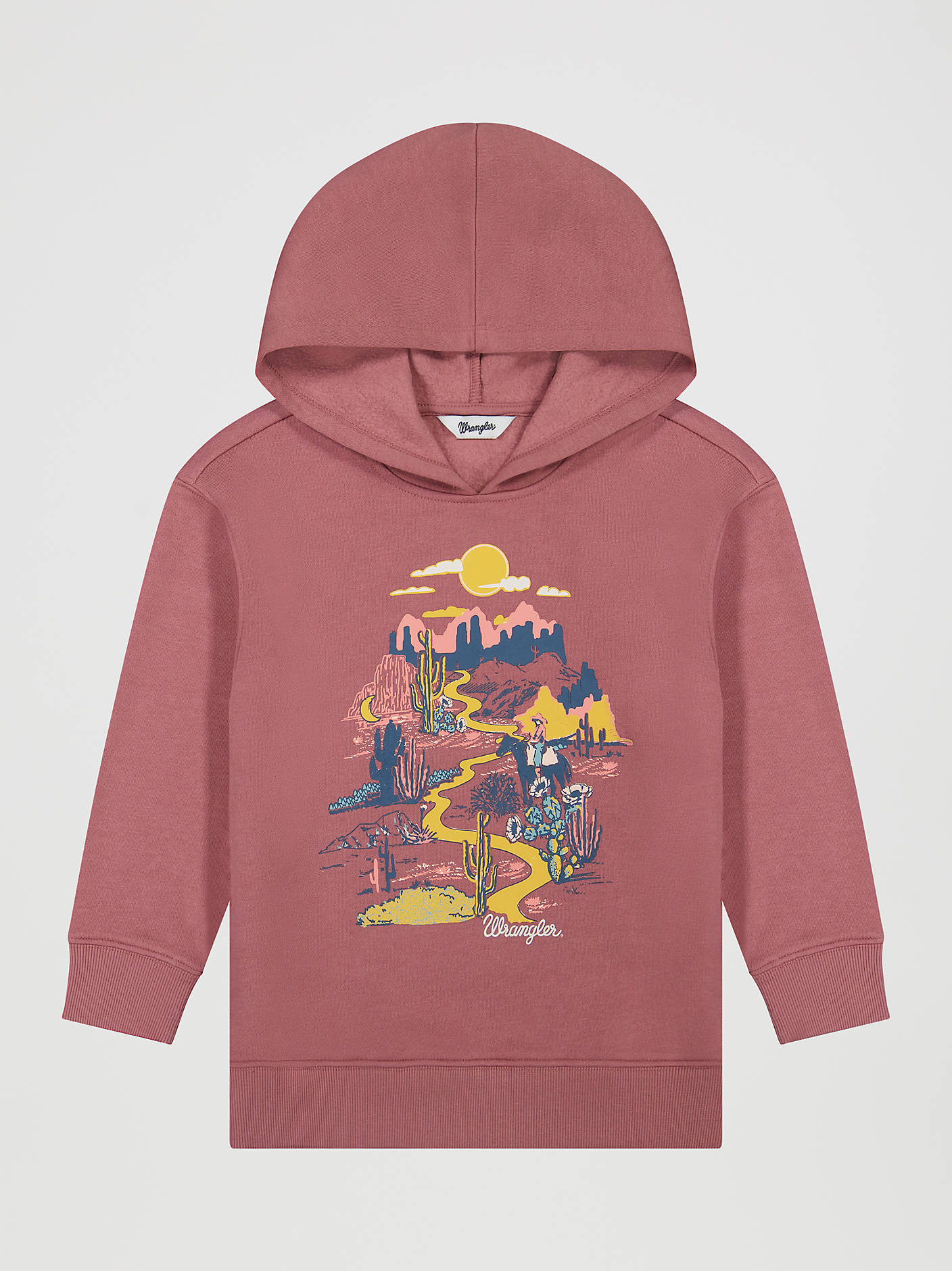 112382660 Wrangler Girls Adventure Graphic Pullover Hoodie boltrANCHSTORE.COM in stock free shipping A dusty rose pink hooded sweatshirt for toddlers, featuring a colorful graphic print of a desert landscape with a winding yellow road, cacti, mountains, and a sun on the front.  is visible on the inner neck label and stylized near the bottom of the graphic.