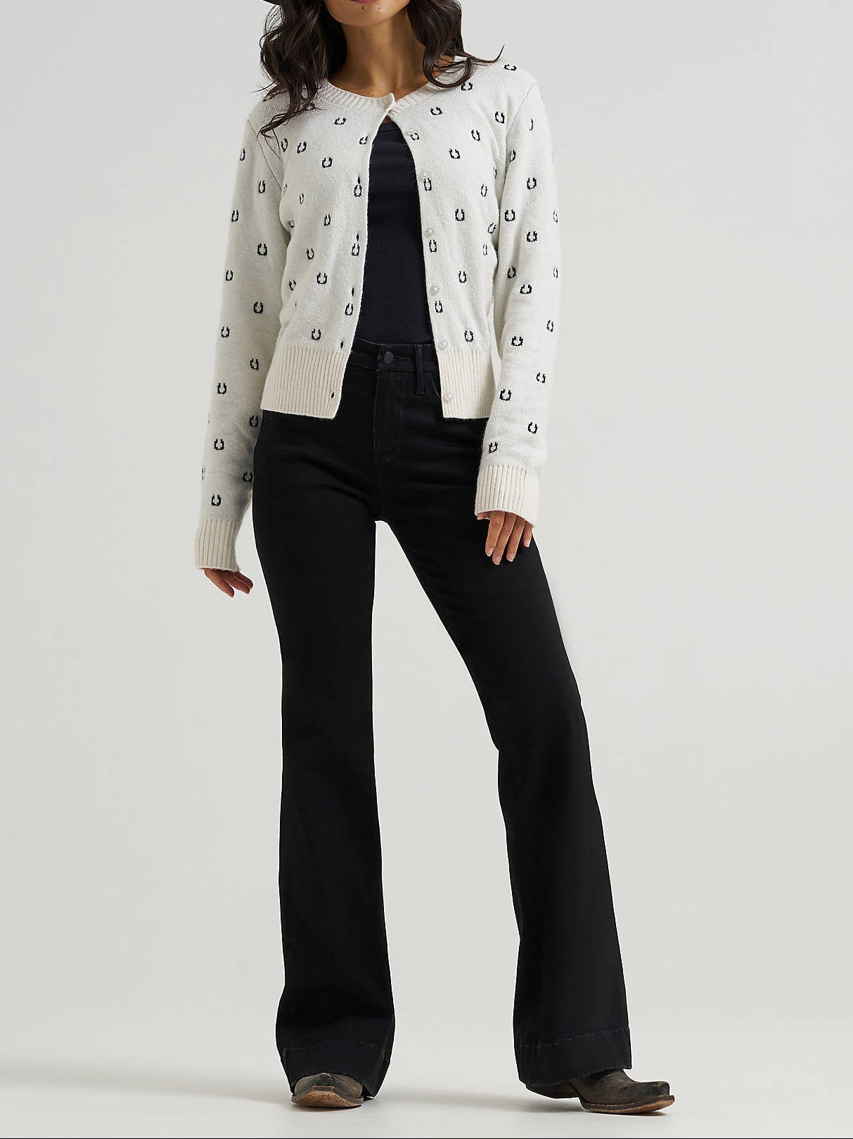 112382679 Wrangler Womens Western Fitted Cardigan Sweater at boltranchstore.com in stock free shipping Woman wearing a white horse shoe patterned blouse, 