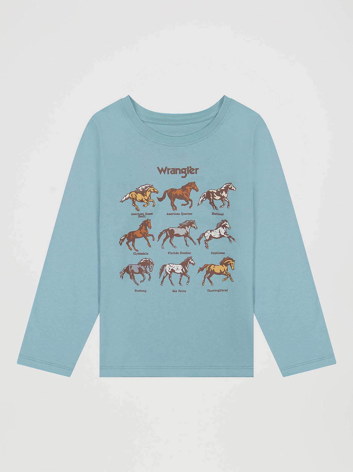 112382682Wrangler Girls Long Sleeve Cowgirl First Graphic Tee at boltranchtore.com in stock free shipping A light blue long-sleeve t-shirt with a graphic print of various horse breeds under the Wrangler logo