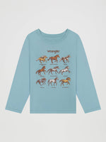 112382682Wrangler Girls Long Sleeve Cowgirl First Graphic Tee at boltranchtore.com in stock free shipping A light blue long-sleeve t-shirt with a graphic print of various horse breeds under the Wrangler logo