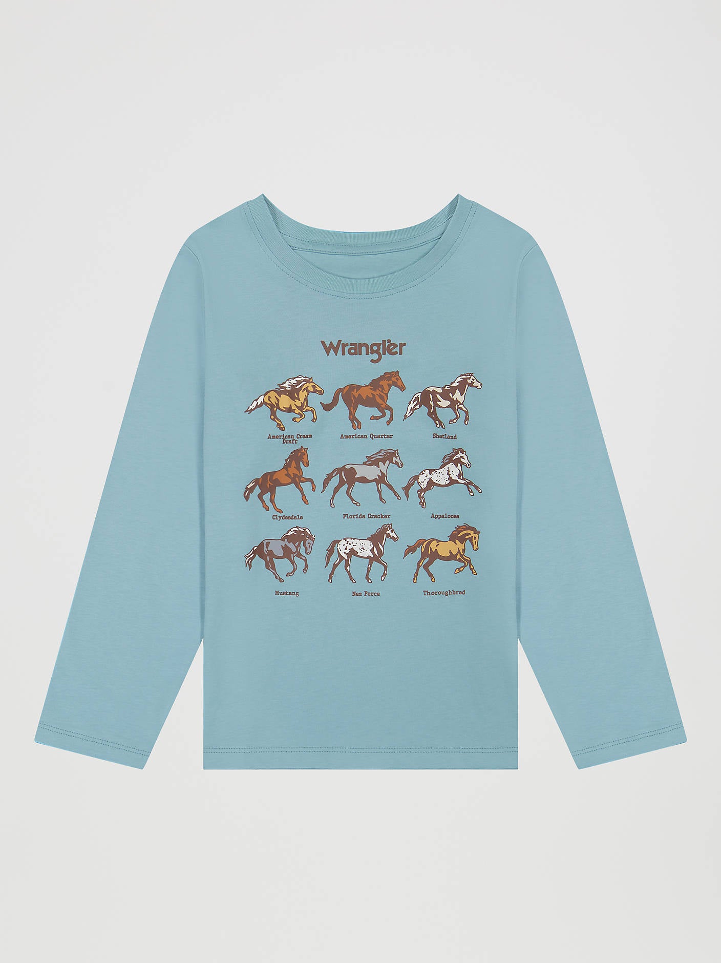 112382682Wrangler Girls Long Sleeve Cowgirl First Graphic Tee at boltranchtore.com in stock free shipping A light blue long-sleeve t-shirt with a graphic print of various horse breeds under the Wrangler logo