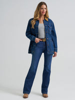 Wrangler Womens Denim Cinched Waist Barn Jacket button front closure with pointed western yokes womens western clothing
