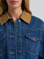 Wrangler Womens Denim Cinched Waist Barn Jacket angled side pockets with yoke styling womens western boutique