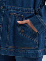 Wrangler Womens Denim Cinched Waist Barn Jacket saddle vents at the back for riding ranch wear and rodeo