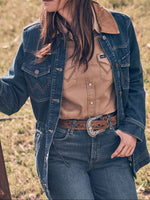 Wrangler Womens Denim Cinched Waist Barn Jacket denim barn coat with canvas collar and antiqued hardware womens western boutique Utah 112382730 Boltranchstore.com