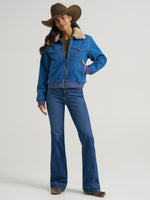 Wrangler Womens Denim Sherpa Lined Bomber Jacket bomber silhouette with ribbed trim at the cuffs and hem cowgirl