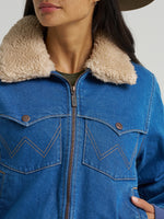 Wrangler Womens Denim Sherpa Lined Bomber Jacket W stitched chest pockets set into a pointed western yoke ranch wear