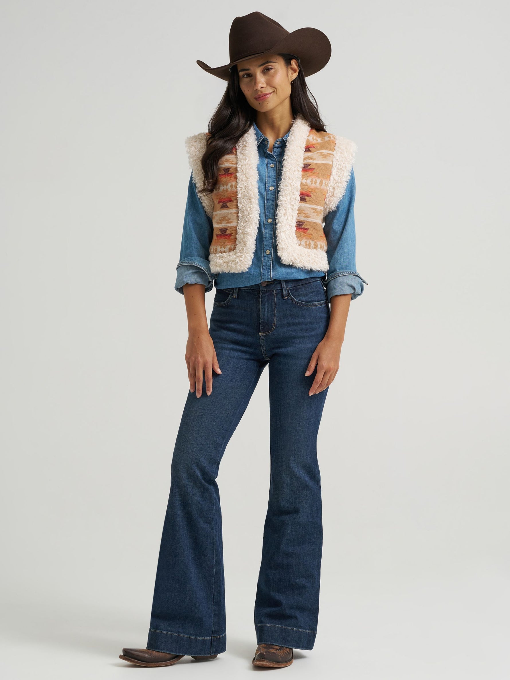 Wrangler Womens Sherpa Lined Jacquard Vest Tan cropped sleeveless silhouette for easy layering womens fashion western clothing