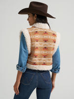 Wrangler Womens Sherpa Lined Jacquard Vest Tan sherpa trim along the armholes hem and placket womens western clothing rodeo