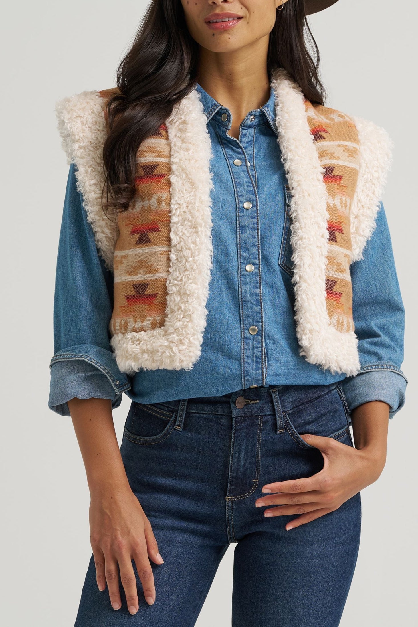 Wrangler Womens Sherpa Lined Jacquard Vest Tan tan western jacquard weave with plush sherpa lining womens western boutique Utah 112382789 Boltranchstore.com