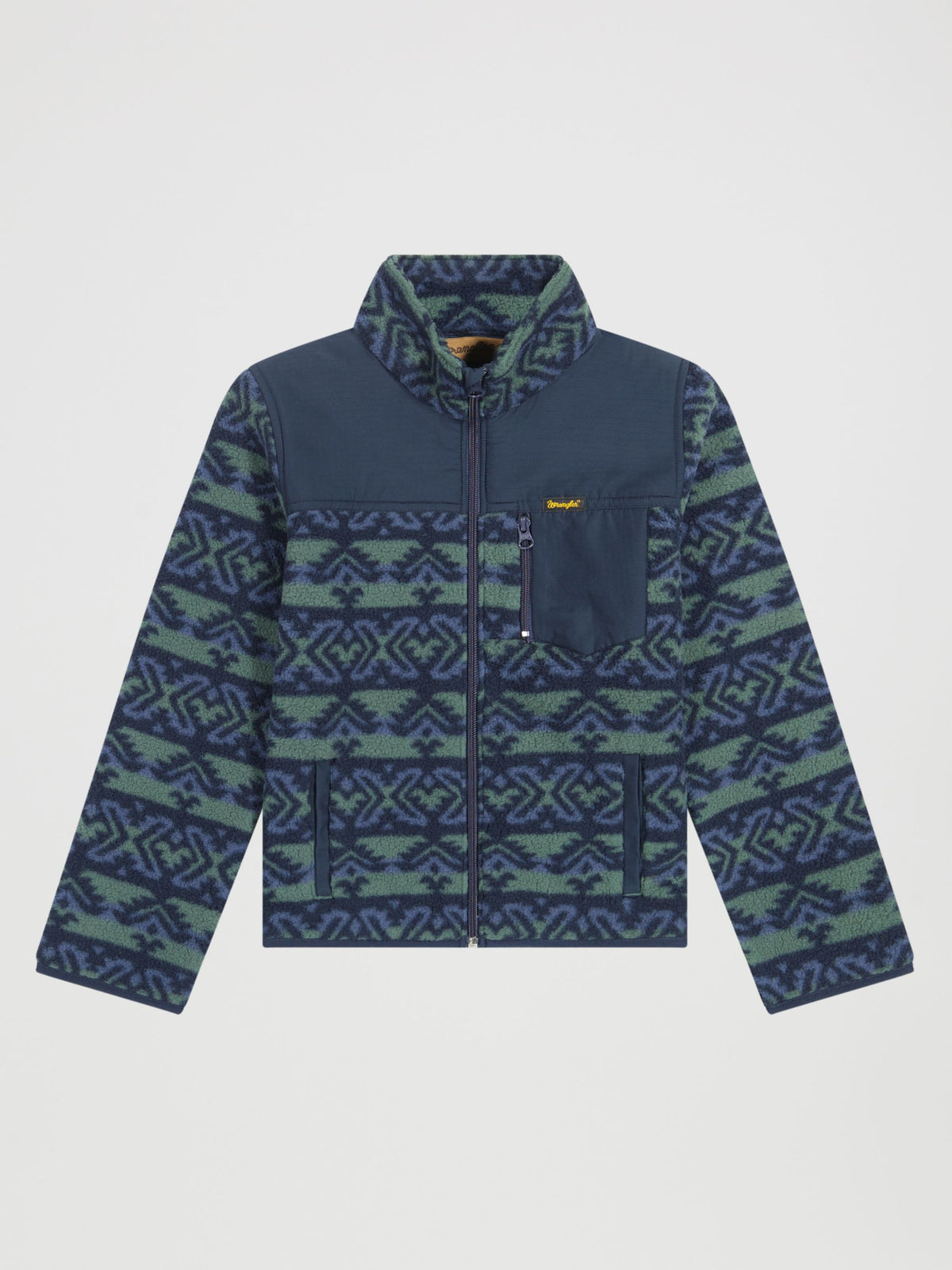 Wrangler Boys Hay Away Full Zip Sherpa Jacket Dark Forest dark green sherpa with full zip front zippered chest pocket and ripstop yoke in a western print kids western clothing ranch wear Utah 112382927 Boltranchstore.com