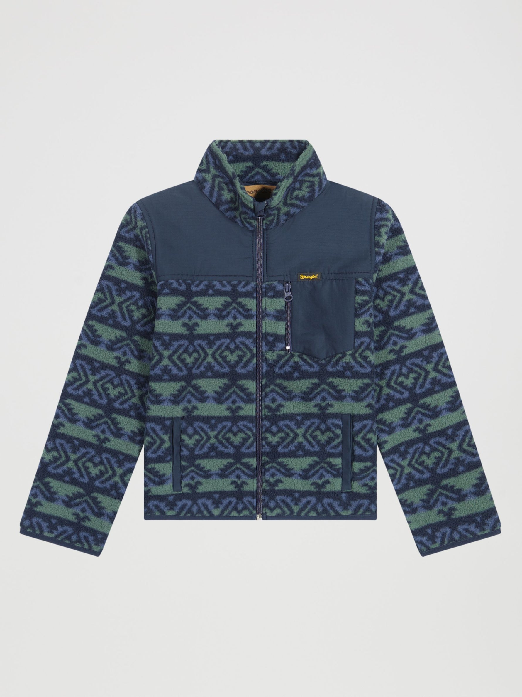 Wrangler Boys Hay Away Full Zip Sherpa Jacket Dark Forest dark green sherpa with full zip front zippered chest pocket and ripstop yoke in a western print kids western clothing ranch wear Utah 112382927 Boltranchstore.com
