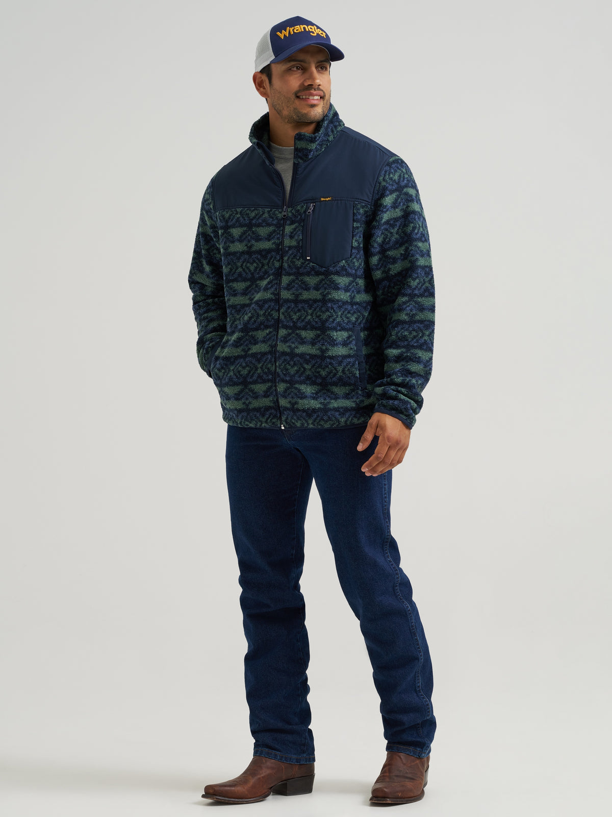 Wrangler Mens Hay Away Sherpa Zip Front Ripstop Yoke Jacket full length zipper closure with a stand up collar cowboy